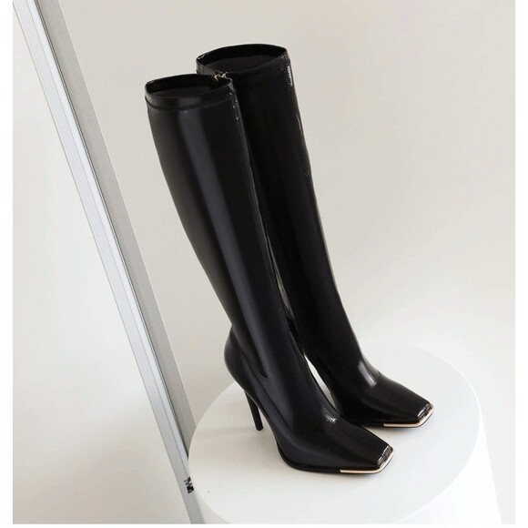 Sun gurg women’s knee high boots W/ Zipper Square Toe stiletto Size 7 Black NEW - Picture 4 of 7